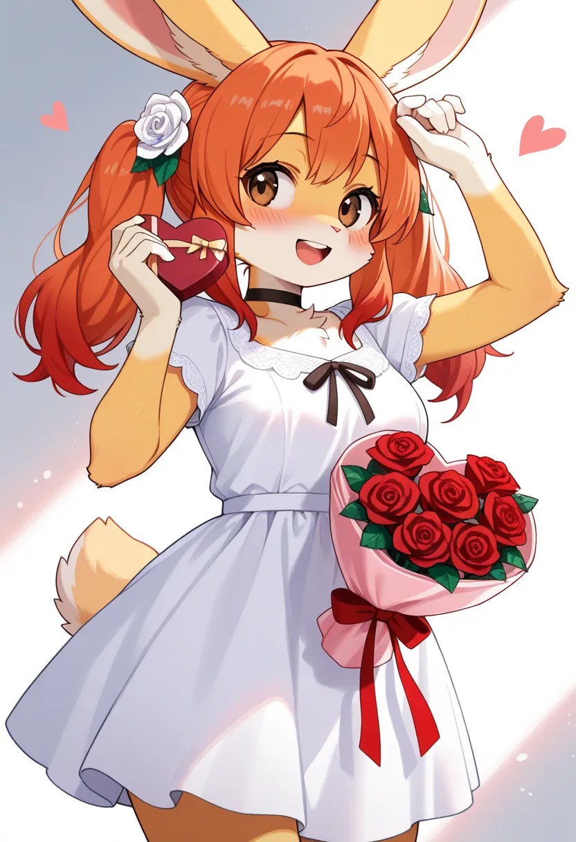 1girl, (furry, kemono:1.4), rabbit girl, animal nose, rabbit ears, lower, solo, dress, twintails, gift, bouquet, white dress, smile, box, holding, heart-shaped box, hair ornament, hair flower, rose, open mouth, short sleeves, long hair, red flower, holding...