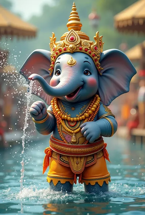 I want a cute songkran elephant which blow out water from Elephant trunk. This elephant wearing Thai costume that including the latter logo of "Pay69.". The background is water fastival of Thailand's songkran. 