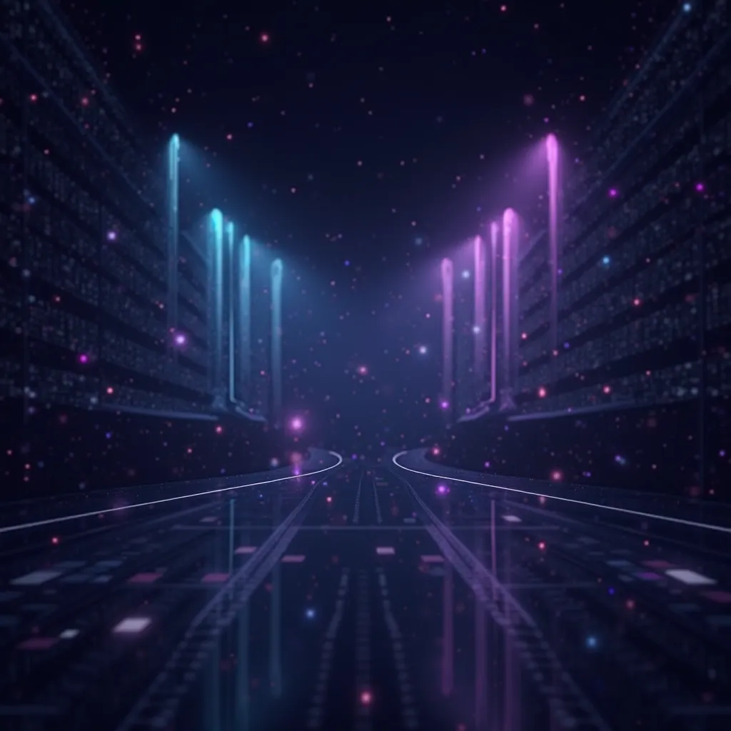 Deep dark background with smooth neon lines, user creating the effect of a holographic interface. Blurred interface elements float in space, like, elements interacting with the. Light accents in purple and blue tones add a sense of a high-tech environment....