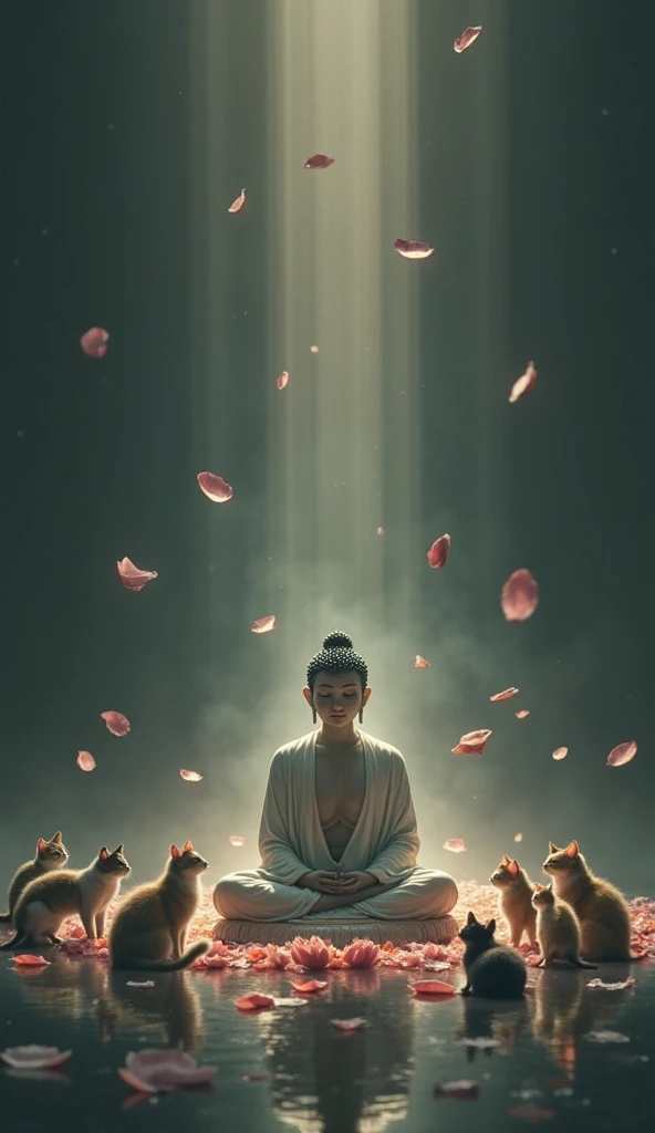 meditation posture, A minimalist dark background with a. The design captures a peaceful atmosphere, soft, lotus petals floating around the Buddha wrapped in subtle rays.While the 8 cats have their tails slightly curved、stare around the Buddha statue as if ...