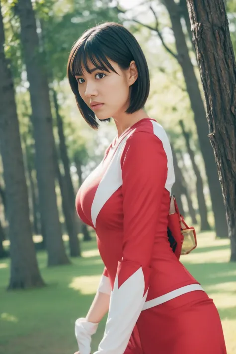  Red Theme ，Red Ranger Suit 、 short hair,  tomboy, best quality,masterpiece,Genuineistic, professional,Vivid Colors,超精密Painting,portrait, Big Breasts, Photogram,Number Art,fantasy art, 3d graphics ,movie_Lighting,strong_rim_light,rim Lights, ambient _light...