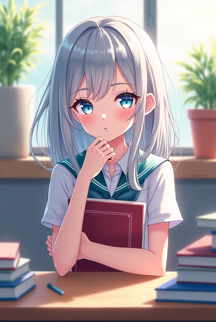 An anime girl name Alisa Mikhailovna Kujou , silver hair, blue eyes , cute , school uniform, sports fir body , holding books on her hand , sitting on her desk