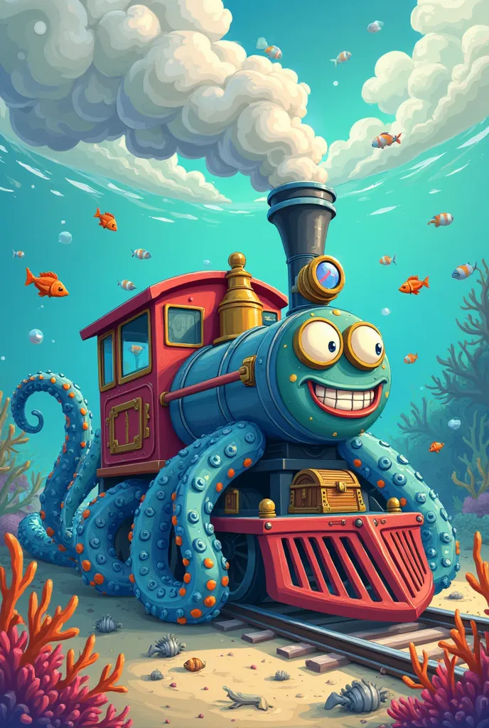  cartoon style ，Sea octopus steam train