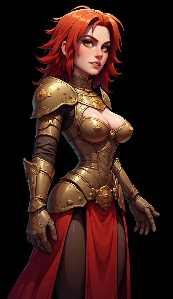 cflxcrtn3, realistic, best quality, 4k, extremely detailed, masterpiece, (((paladin girl))), middle length chaotic haircut, red hair, shaggy hair (dark gold plate mail, chain mail, armored gauntlets, red skirt, pelvic curtain), slim waist, thicc hips, (Sca...