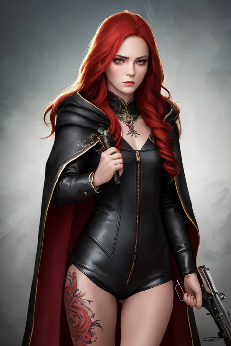 solo, ((from front)), female, Human, (Crimson red hair)), long red hair, black leather and tattered cloak, tattoo on neck, wielding twin enchanted pistols, sten expression, thigh up view,