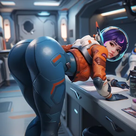 1girl, short hair, brown eyes, curvy waist, skinny, butt, big , bent over, big butt, exposed , horny, ass, jn0, space suit, purple hair,