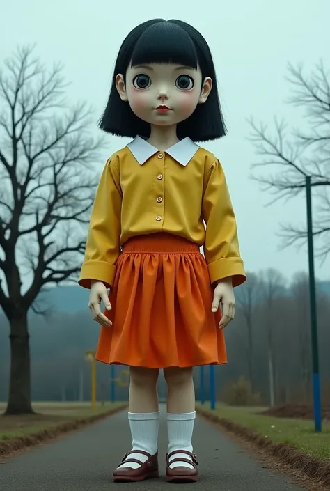 A giant robotic doll resembling a traditional Korean schoolgirl, wearing a yellow blouse and an orange skirt. The doll has large, eerie doll-like eyes and an unsettling expression. It stands in a desolate playground with a leafless tree in the background. ...