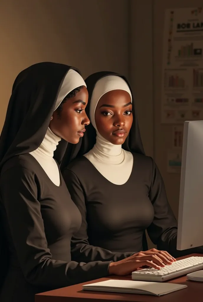 Dans un bureau à la lumière tamisée, deux belles femmes religieuses africaines sont assises devant un ordinateur. Les corps nus libérés sans atours respirent l'élégance, une subtile lueur dorée projette une ambiance chaleureuse sur la peau brune. Les trait...