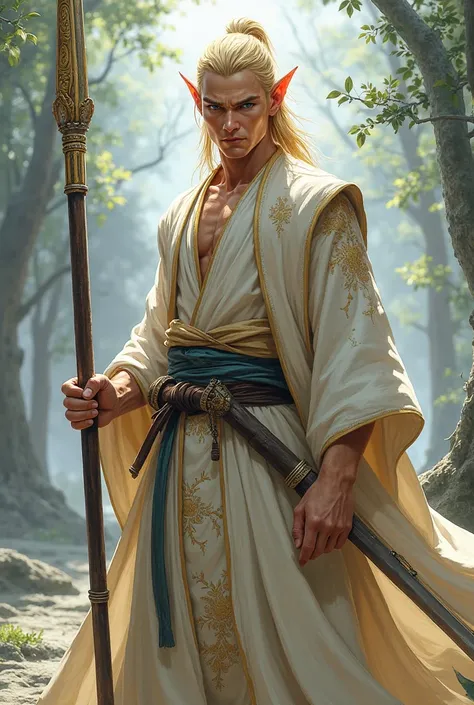 Elf blond 26 years male old very muscular monk wearing white and tan robes armed with a naginata anime