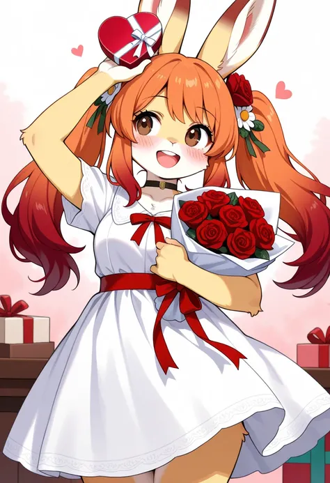 1girl, (furry, kemono:1.4), rabbit girl, animal nose, rabbit ears, lower, solo, dress, twintails, gift, bouquet, white dress, smile, box, holding, heart-shaped box, hair ornament, hair flower, rose, open mouth, short sleeves, long hair, red flower, holding...