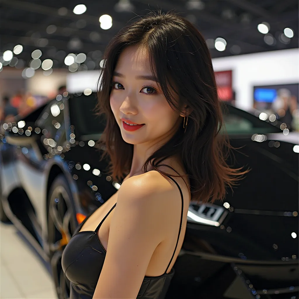 At the car show, a beautiful and sexy Korean model with shoulder-length hair is standing next to a black sports car.