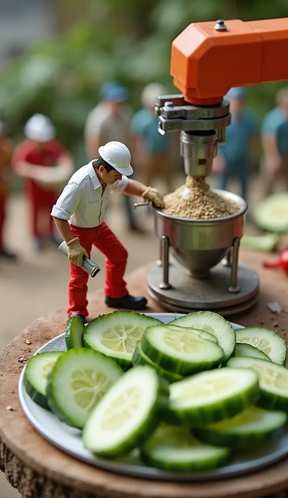 Hyperrealistic miniature scene featuring a small construction worker dressed in a white shirt,  red pants , and a white helmet working on sour vegetables, with cucumber sliced on a large plate, on top of it there is a machine that delivers seasoning automa...