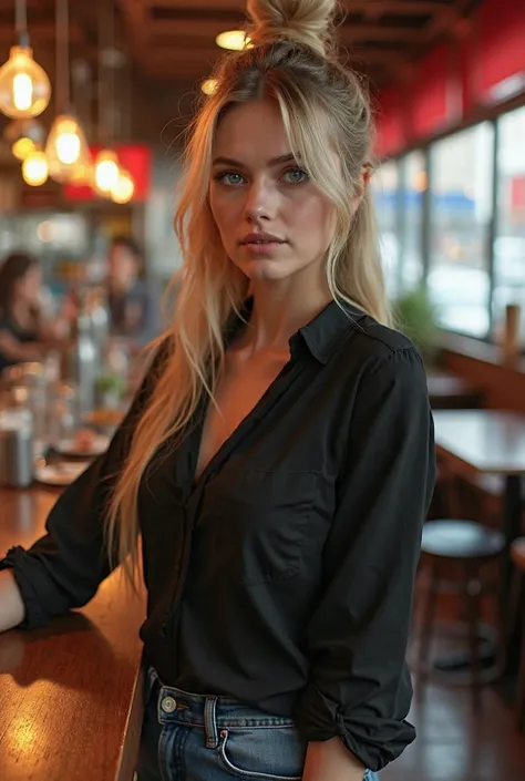 [woman], [20 years old], [jackie], [blue eyes], [long, straight bronze blonde hair with bardot bangs], [generous curves], [slim], [white skin], [She is in a pizza restaurant], [she is wearing a black long-sleeved blouse and jeans], [her hair is in a bun]