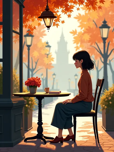 Girl waiting for her boyfriend on the cafe terrace　A happy and sad fall day that makes you excited for an upcoming date　On the table１Book Flowers