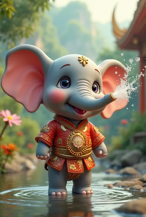 I want a cute 3D cartoon elephant which blow out water from Elephant trunk. This elephant wearing Thai costume that including the latter logo of "Pay69."