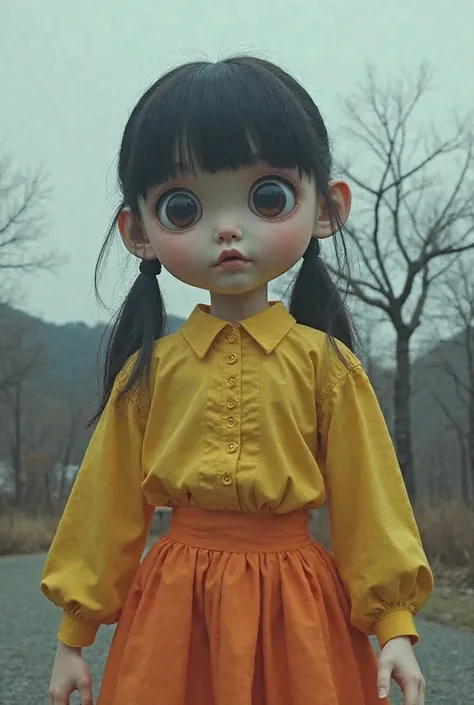 :
"A giant robotic doll resembling a traditional Korean schoolgirl, wearing a yellow blouse and an orange skirt. The doll has large, eerie doll-like eyes and an unsettling expression. It stands in a desolate playground with a leafless tree in the backgroun...