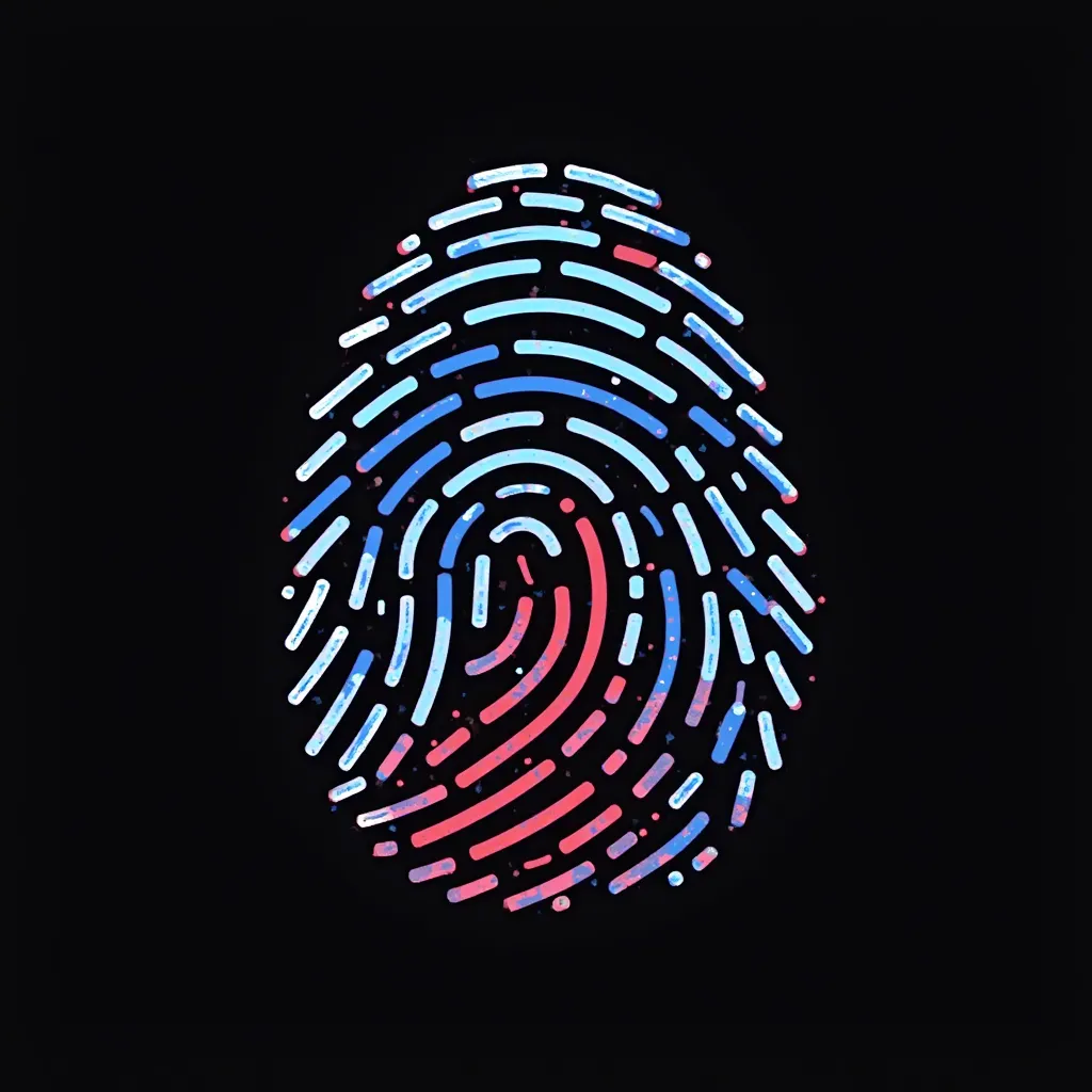 Create an icon of a fingerprint with blue, red, black, and white colors. The fingerprint should be composed of white lines on a black background, creating a high-contrast visual. The outline of the fingerprint should be in blue, while some of the internal ...