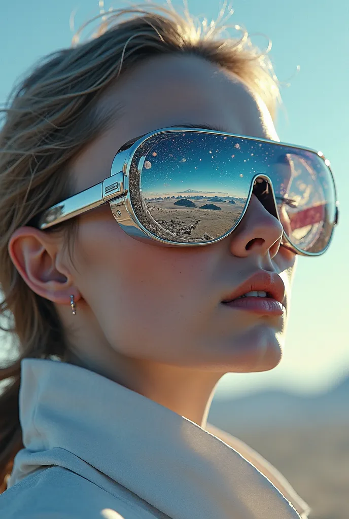 The model is wearing glass sunglasses with stars and the moon on the glass