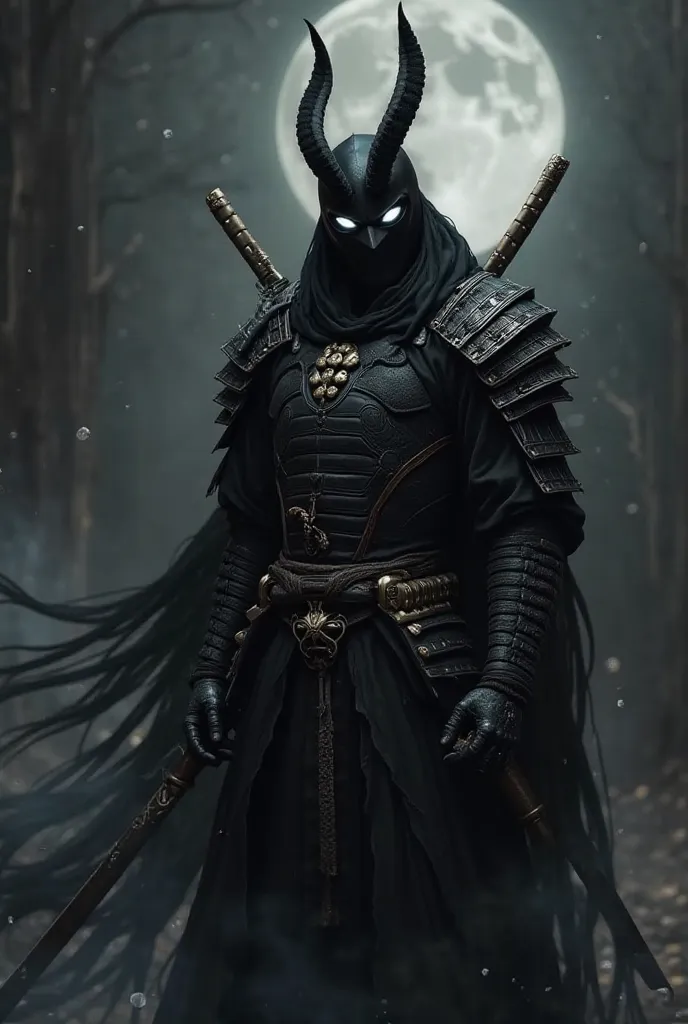 Taille:1m92 Corpulence : mesomorphe Les yeux: blanc avec de la fumée Son costume couleur : noir Style : Moon knight Accessoires : Katana entouré de aura noir Symbole : chauve souris Ambiance : gothique masque de samuraï en noir 
