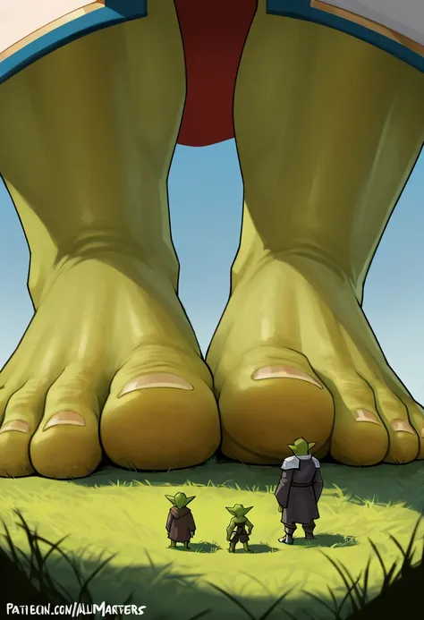 simple background, (macro size: 1.2), knights, wizards, potionmasters, (human adventurers under a foot: 1.1) (multiple people: 1.2), (height difference: 1.4), (size difference: 1.1), cute, (closeup goblin foot: 1.2), (ultra closeup of a goblin males foot o...