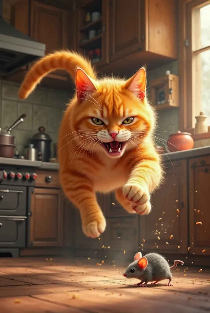 Orange cat catches mouse cooking rice