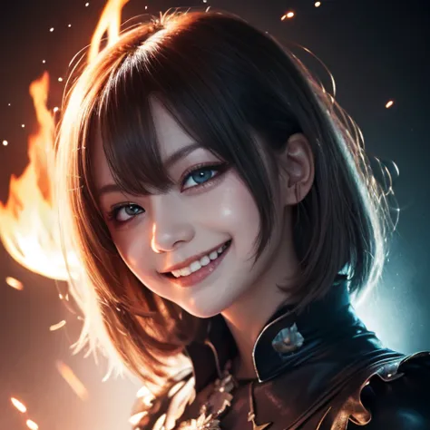  1 girl,  flying hair,  red eyes, Fire Witch , Blood on face,  Light Particles , Lightning rays,  wallpaper,  colorful,  high contrast , ,  smirking ,  , psychopathic  smirking ,  Psychopath Smile ,  tilting your head 