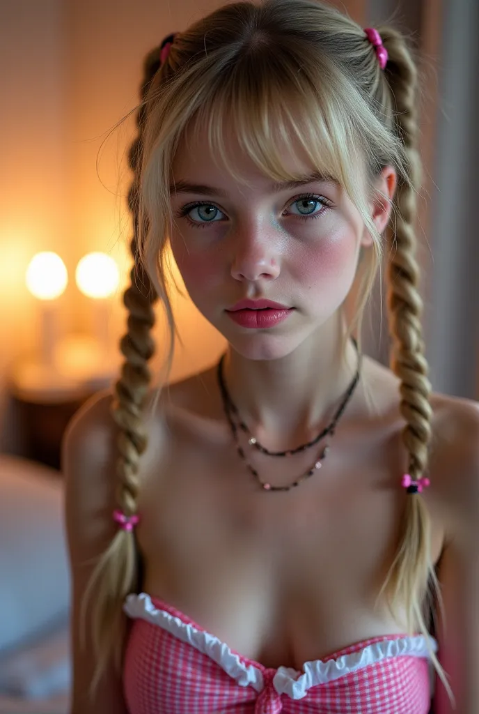  1 girl,  sexy 18 year old , pigtails,  beautiful face, gorgeous,  beautiful,  beautiful,  beautiful face, pale skin, parts, blond hair, blue eyes,  full and shiny lips ,   big lips,   thick lips,  half-open lips  ,   light pink lip gloss  , a mask, skinny...