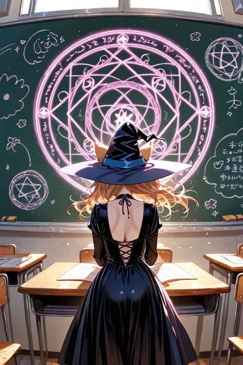 1girl, solo, loli, dog girl,
, long hair, messy hair , cleavage, floating hair, microskirt, witch, witch hat, long dress, black dress, black Puppy, 
happy, closed eyes, 

Drawing a magical circle in the air, hands up, 

spring, day, school, classroom, Stan...