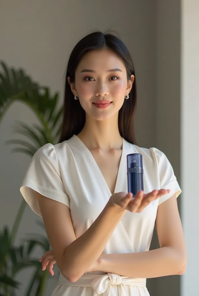 A beautiful 30-year-old Thai woman stands in a full-body pose to introduce a product on the side, pointing her hand to the side.