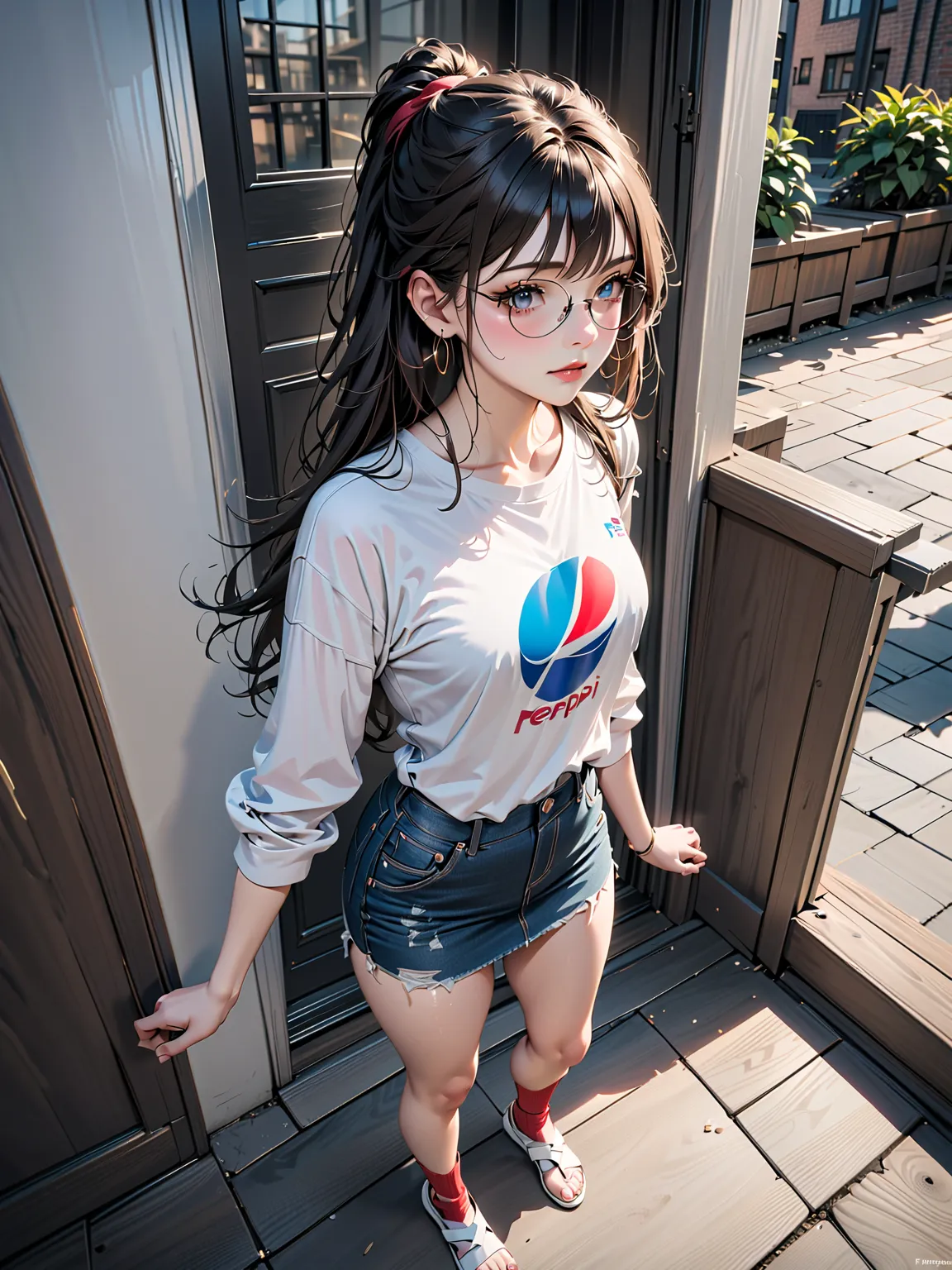 young woman, standing posed, carrying tote bag, leaning against wall, near fountain, BREAK, (shoulder-length hair, swept-side bang, black hair, hoop earrings, eyeglasses), BREAK, ((white 3/4 sleeves t-shirt, pepsi logo print on t-shirt), (denim distressed ...