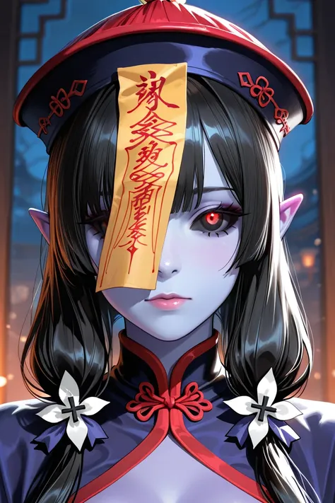 Close-up of face、Purple skin tone、Black sclera、Pitch black sclera、Long ears、,jiangshi girl, blue skin