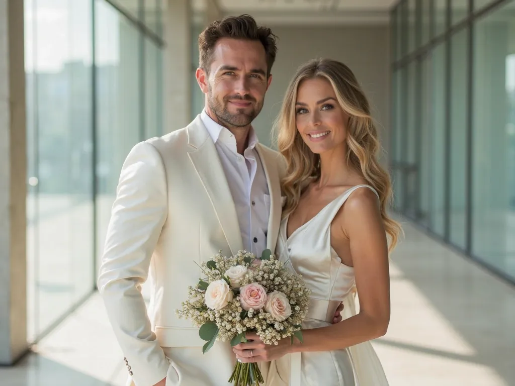 A close-up of a stylish groom and bride in a modern minimalist wedding setting. The groom wears a tailored white suit, and the bride wears a sleek silk gown with a simple bouquet. The soft-focus background features a contemporary glass-walled venue with na...