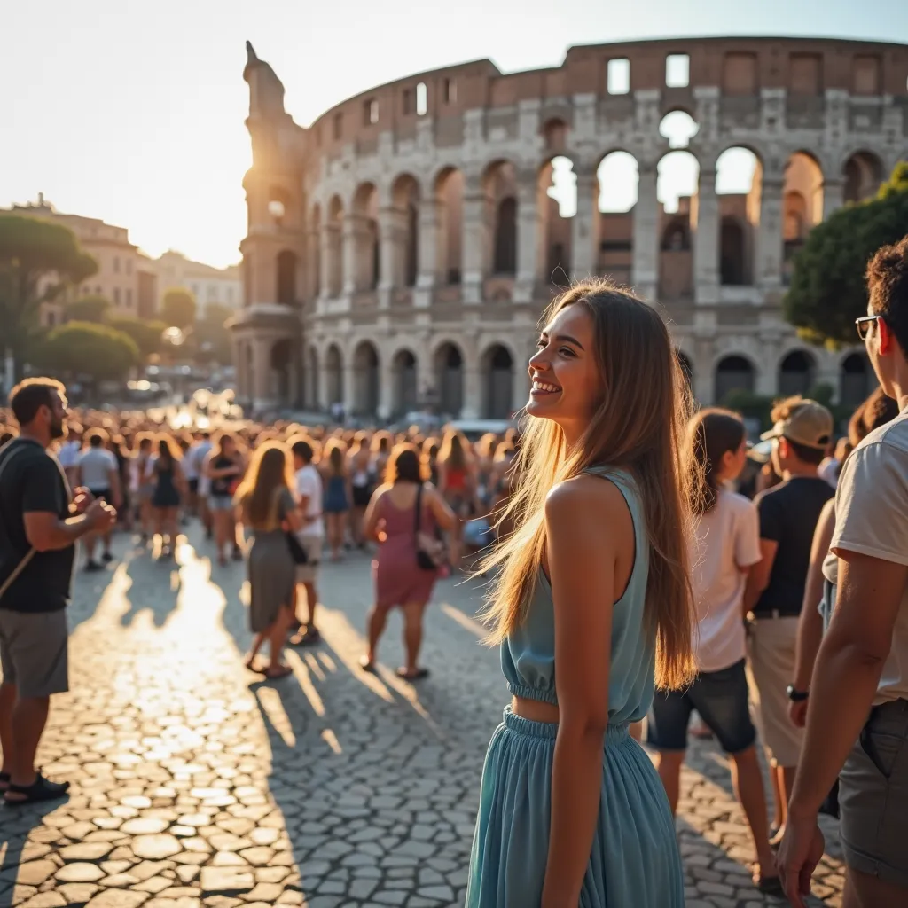 A girl in a long blue dress at the Colosseum in Rome, many tourists full-length girl looking at the Colosseum camera on the girl's face camera on the side realistically beautiful a lot of sun happiness on her face