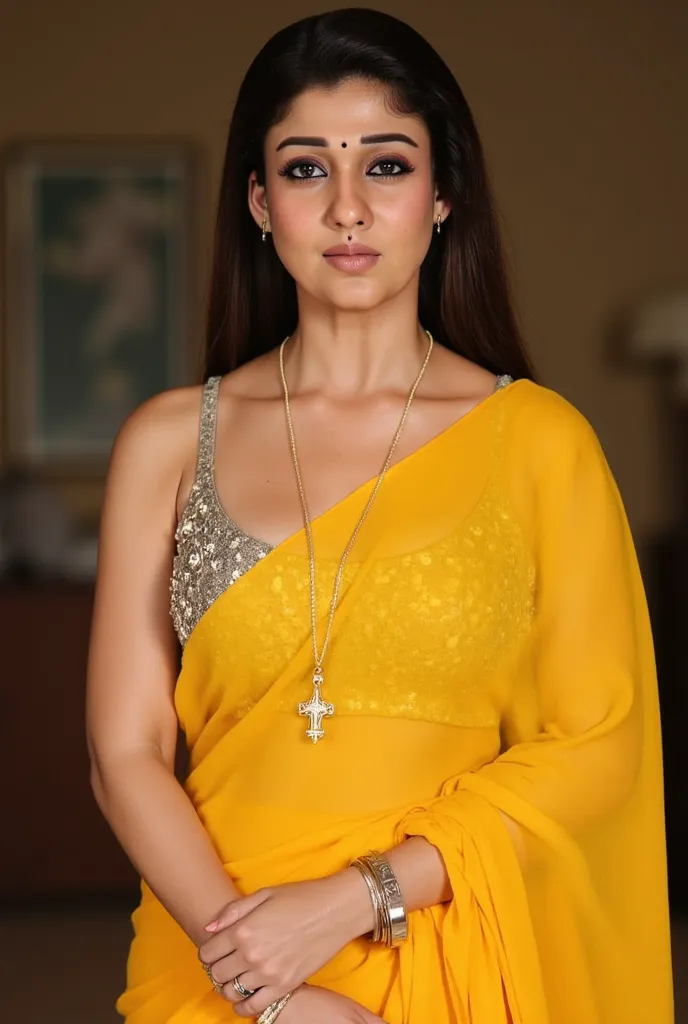 Generate a close up front image of a woman in a golden yellow color sleeveless saree. She is wearing a silver shimmering blouse with mirror sequins. It has no sleeves, has a silver satin finish with spaghetti straps. Face and body facing straight at the ca...