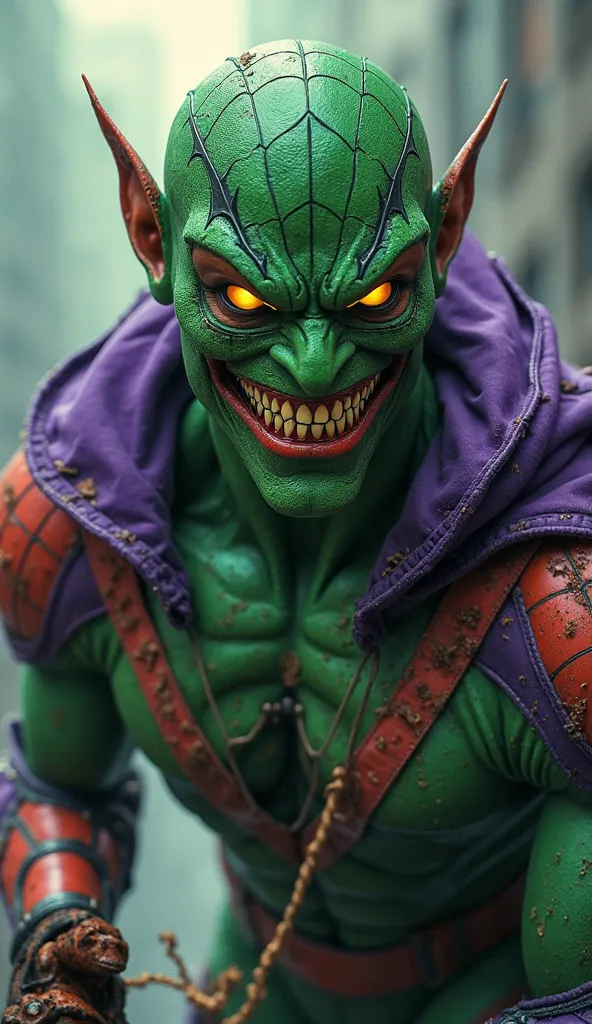 Represents Norman Osborn, alias Green Goblin, in an epic cinematic scene. The image shows an imposing and athletic character, faithful to the classic aesthetics of the Spider-Man. It wears a tight suit in intense shades of green and purple, with geometric ...