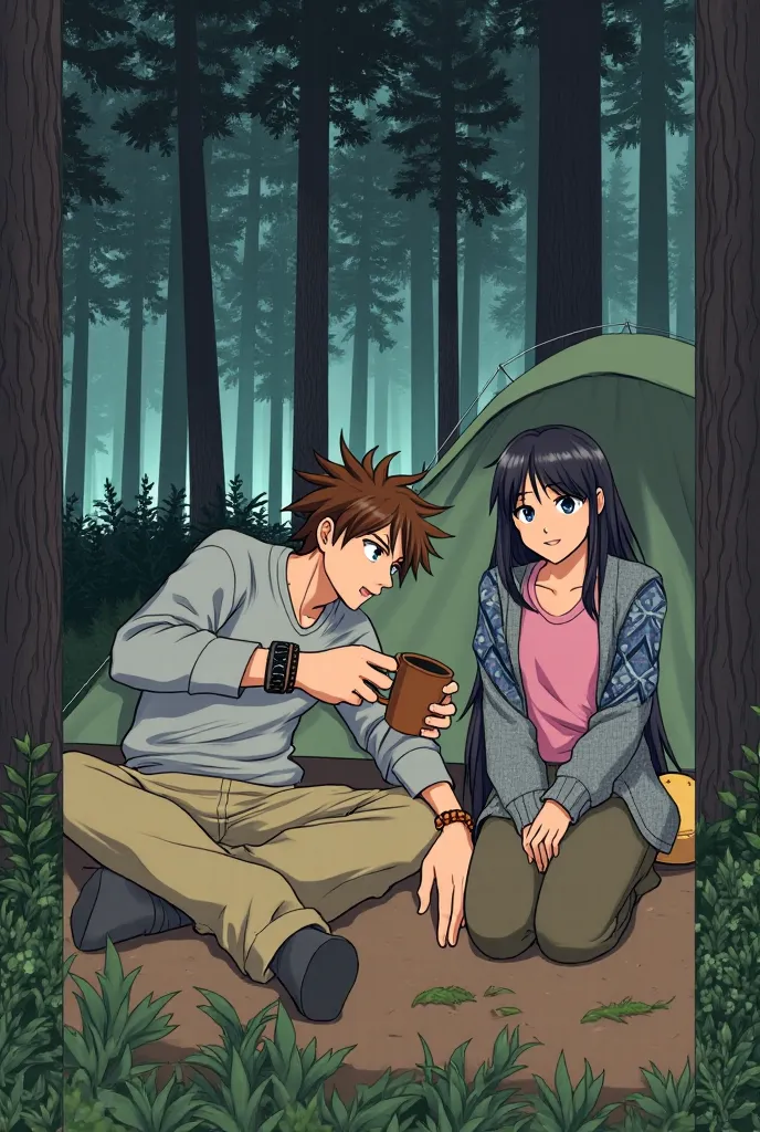 A highly detailed anime-style illustration of a young man and woman camping in a dense pine forest, surrounded by nature. The young man has messy brown hair and wears a light gray long-sleeve shirt with beige pants. He sits cross-legged on the ground, wear...