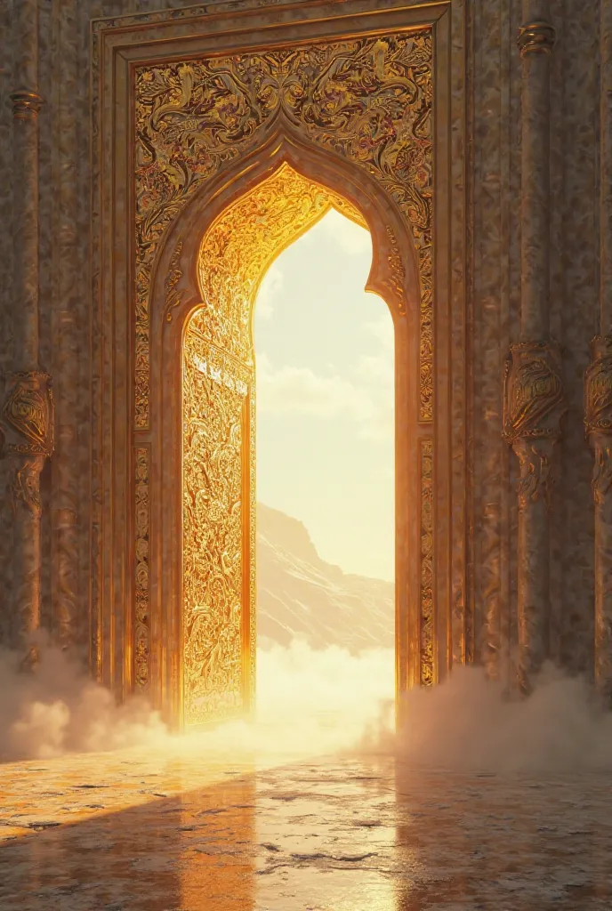 6. Jannah’s Gates and Soil at the Entrance – The grand gates of Jannah, made of gold and pearls, slightly open, showing the pure white soil inside, glowing softly under the divine light.
