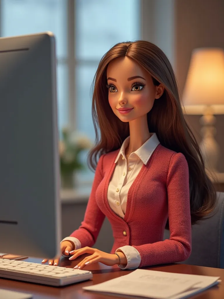 Barbie with brown hair in the office looking at the computer