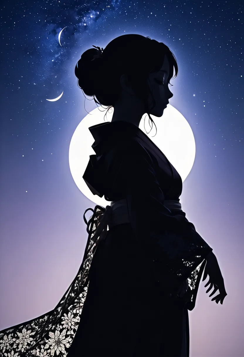 (((silhouette art))), Orihime's sadness at being separated by the Milky Way is conveyed, as she stretches out her right arm and regrets parting, close-up, profile, Close-up, arms outstretched as they bid farewell,The clothing is a kimono,Double exposure, b...