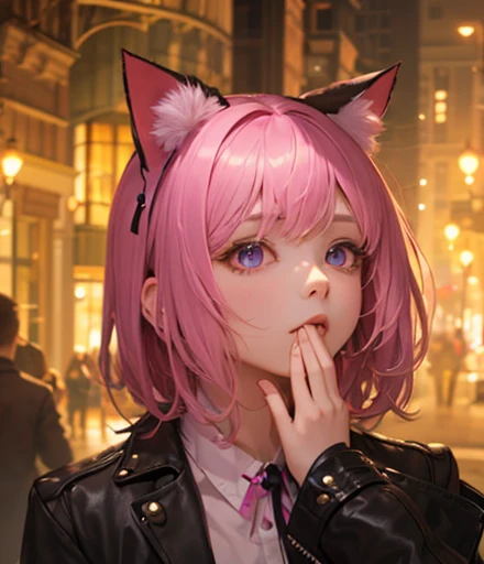 8K Pretty Girl Original Face Purple and Pink Hair Color Straight Hair Barrier Gothic Rock Leather Clothes Cat Ears Apologize Put Hands in Front of Her Face Depressed