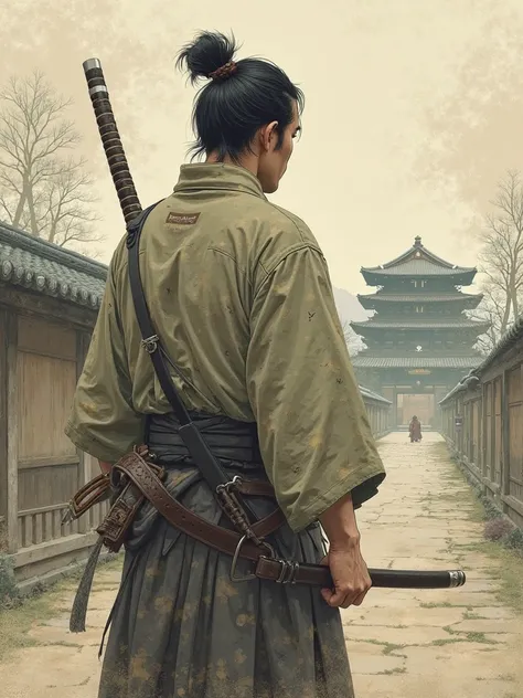  in Japan during the Edo period　A samurai dressed in a brown, dirty kimono is sitting with his back turned　There is an old temple in the background　With a touch of delicate illustration