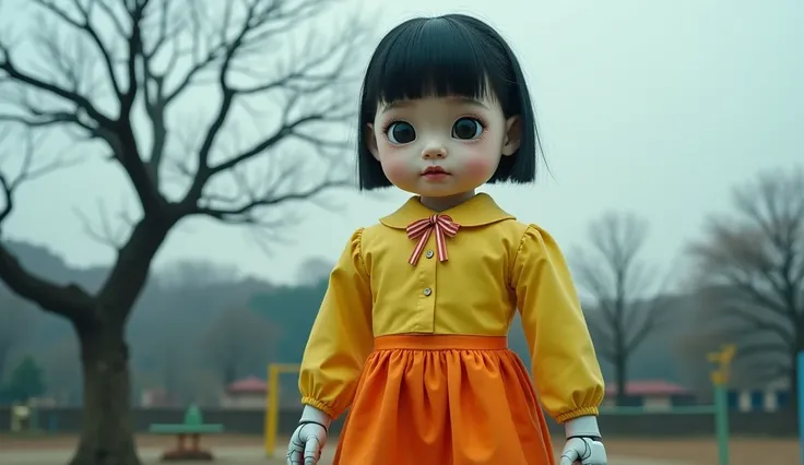 :
"A giant robotic doll resembling a traditional Korean schoolgirl, wearing a yellow blouse and an orange skirt. The doll has large, eerie doll-like eyes and an unsettling expression. It stands in a desolate playground with a leafless tree in the backgroun...