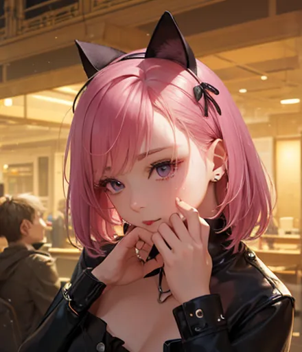 8K Pretty Girl Original Face Purple and Pink Hair Color Straight Hair Barrier Gothic Rock Leather Clothes Cat Ears Apologize Depressed Adult Woman Putting Hands Together in Front of Her Face