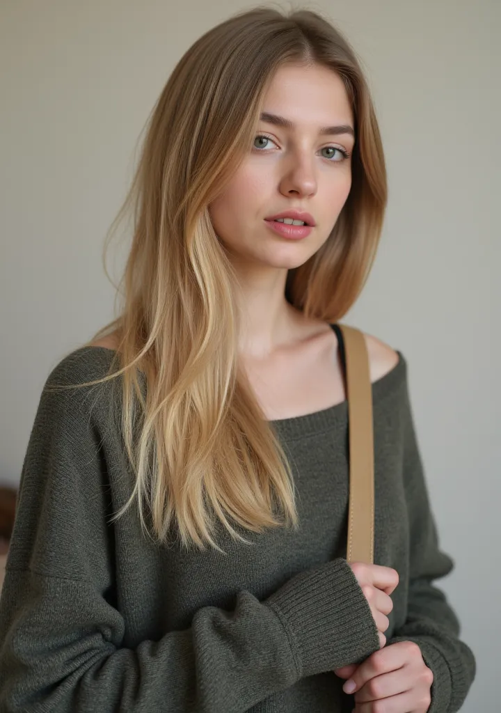  Very Beautiful Girl , with a sweater, And a school bag. She has very nice hair, European, Aged 19 She is in front of the camera. She has a little makeup that makes her very beautiful. She is perfect and she is blonde in a crop top