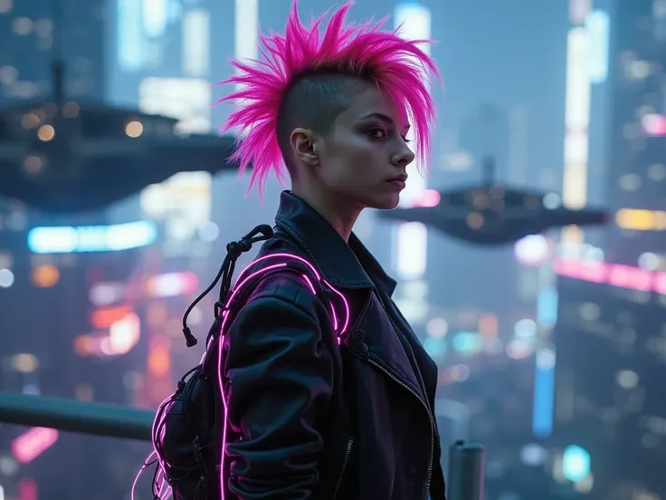 Kasia Sienkiewicz Cyberpunk woman styled in a mohawk with neon streaks, wearing a leather jacket with glowing wires, futuristic cityscape in the background with flying vehicles, augmented reality elements, dystopian