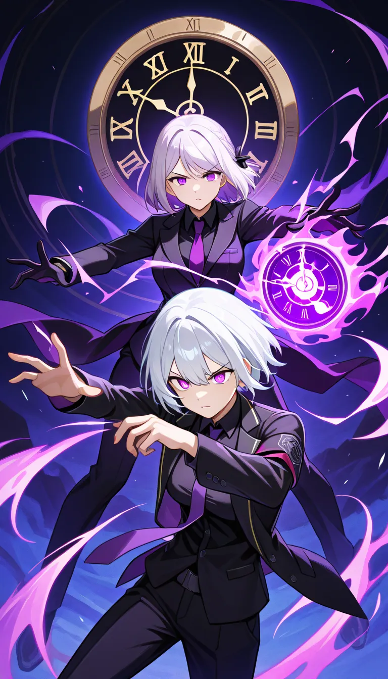  Best Anime 4K Konachan Wallpaper , Firls Frontline, clock、黒 Purple Magic  ,  Purple Magic  , white-haired short-haired woman ,  short hair, Purple eyes, black suit, black shirt and purple tie,　 is fighting