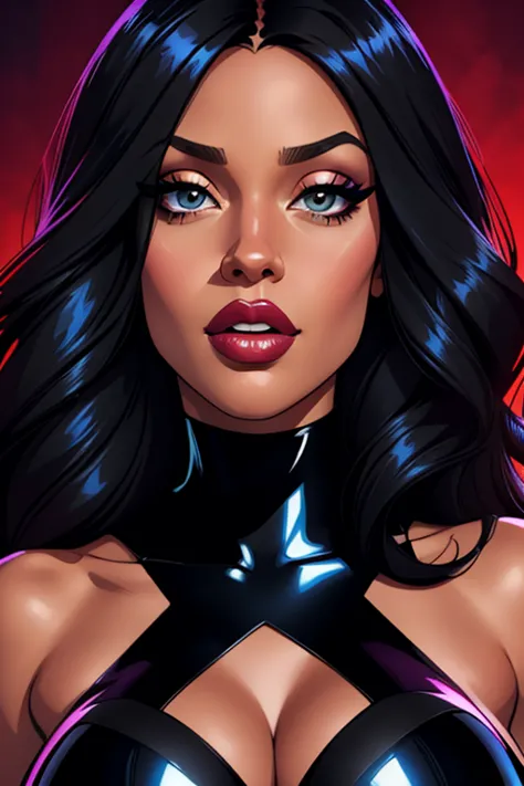 A waist-up portrait of a beautiful female whose face combines features of Megan Thee Stallion + Bianca Lawson + Jennifer Hudson. The female wears a black patent-leather outfit similar to what Selina Kyle wore in the 2022 film "The Batman". The female's hai...