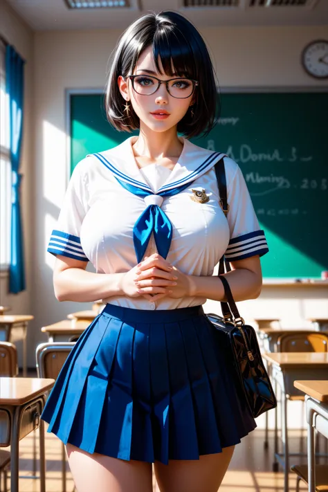 Masterpiece, female, half human, half machine, frontal view, dark hair, tall, large breasts, sailor suit, mini skirt, glasses, data reflected in glasses, sharp eyes, holding bag with both hands together, classroom, blackboard, natural morning light,