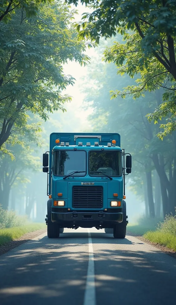 A blue garbage truck drives along a tree-lined road.

The truck is in the middle position, against a background of lush green trees and thin fog, creates a serene atmosphere.