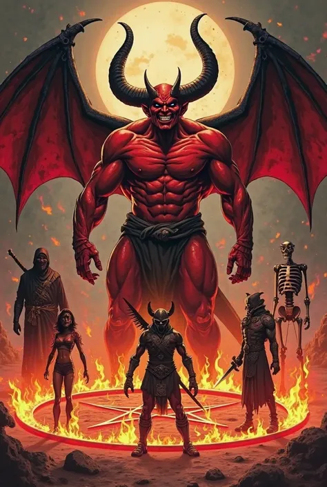 Make a demon with a well-defined body and red skin, black wings and large horns in a circle of flames and atop a pentagram. He smiles demonically and has a cold look. He is surrounded by a Ninja with a big sword behind his back; a young witch; A caveman; A...